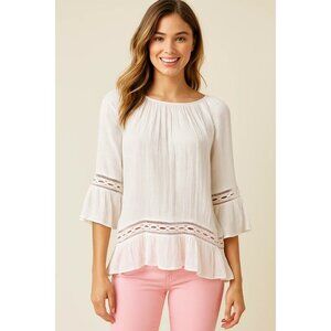 Zac & Rachel White Loose Peasant Blouse With Sheer Trim & Ruffle Hem Size S NWT